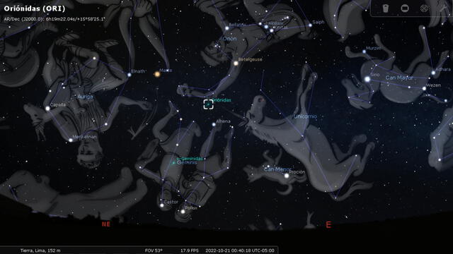 El radiante de las oriónidas aparecerá entre las constelaciones de Orión, Géminis, Can Menor y Unicornio. Foto: captura de pantalla Stellarium / La República
