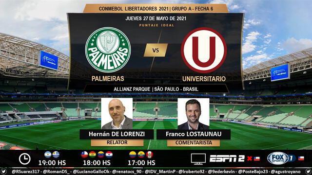 Universitario vs Palmeiras vía ESPN 2. Foto: Puntaje Ideal/Twitter