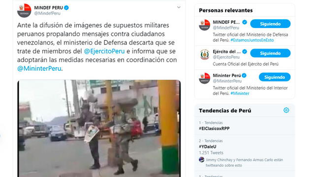 Ministerio de Defensa de Perú desmintió la desinformación.