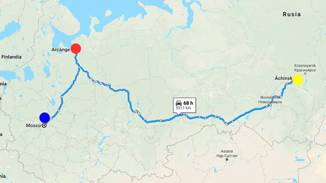 Moscú (azul), provincia de Arcángel (rojo), ciudad de Áchinsk (amarillo).