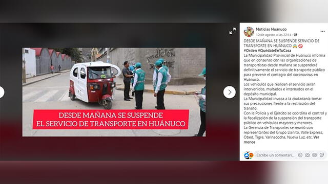 Falso: la Municipalidad Provincial de Huánuco anuncia la suspensión del transporte en Huánuco. Foto: captura en Facebook.