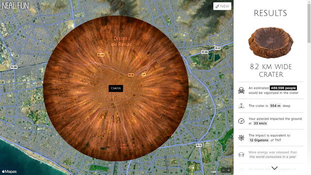 Tamaño del cráter que dejaría el impacto de un asteroide del tamaño de Bennu en Lima. Foto: captura de pantalla / Neol.fun