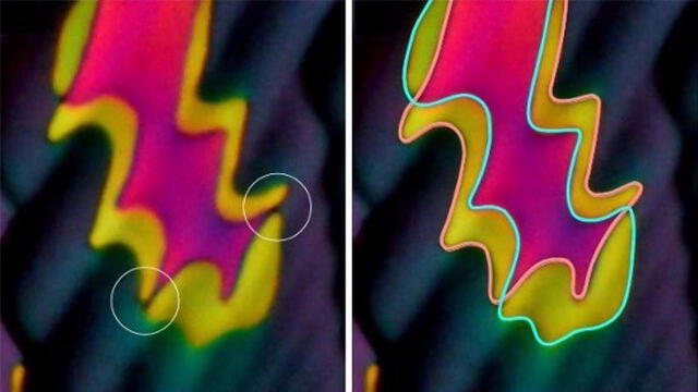 Los investigadores observaron colores llamativos en los bordes de las celdas donde estaba el cristal líquido. Crédito: SMRC.