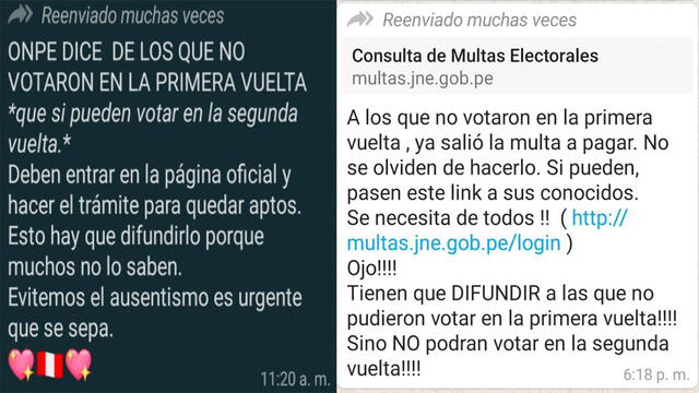 Mensajes falsos de WhatsApp sobre multas electorales. Composición: PerúCheck