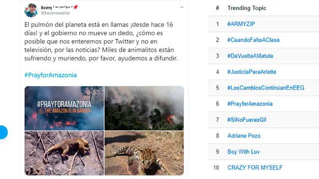 #PrayforAmazonia fue tendencia entre la noche del lunes 19 y la mañana del martes 20 en Perú