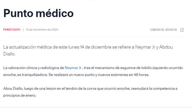 El parte médico del PSG sobre la lesión de Neymar. Foto: PSG