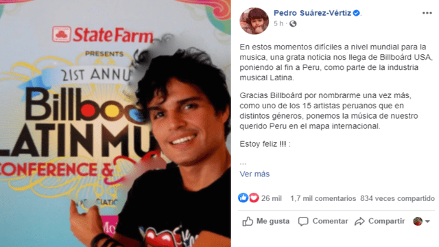 Pedro Suárez Vértiz feliz por aparecer en lista Billboard dentro de los 15 artistas peruanos más influyentes. Foto: Captura Facebook.