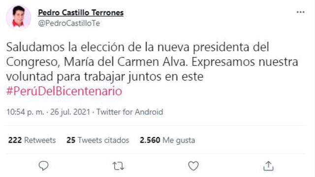 El tuit de Castillo mostraba su voluntad de una labor en conjunto. Foto: captura de Twitter