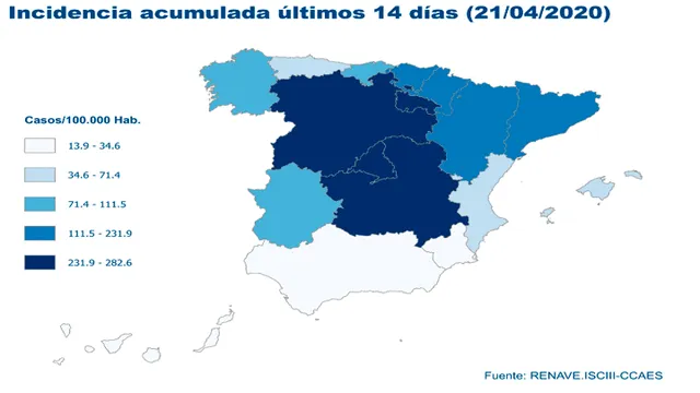 Incidencia acumulada de casos de coronavirus en España en los últimos 14 días hasta el 20 de abril de 2020. (Foto: Ministerio de Sanidad de España).