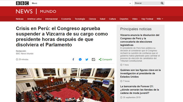 Así informan los medios internacionales juramentación de Mercedes Aráoz como presidenta pese a la disolución del Congreso. Foto: Captura