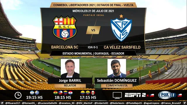 Barcelona SC vs Vélez Sarsfield vía ESPN 2. Foto: Puntaje Ideal