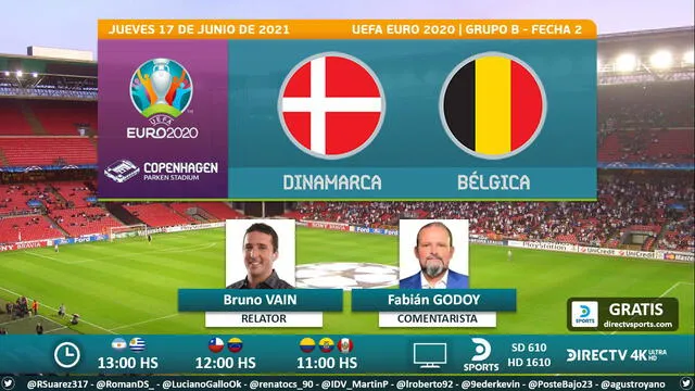 Dinamarca vs Bélgica por DirecTV Sports. Foto: Puntaje Ideal/Twitter