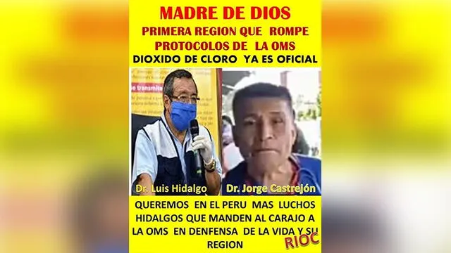 Falso: el Gobierno Regional de Madre de Dios autorizó el uso del dióxido de cloro para combatir el coronavirus. Foto: captura en Facebook.