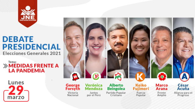 Los candidatos que participarán en la primera fecha del debate presidencial 2021. Foto: JNE