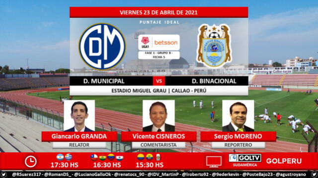 Deportivo Municipal vs Binacional vía Gol Perú. Foto: Puntaje Ideal PE/Twitter