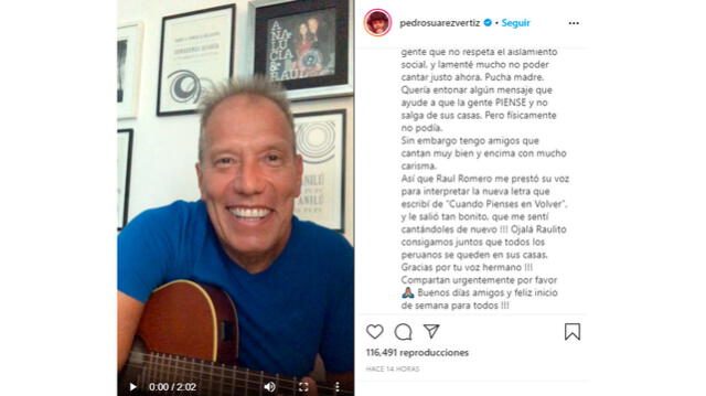 El cantante entonó el tema de Pedro Suárez Vértiz para enviar un mensaje durante este aislamiento social.