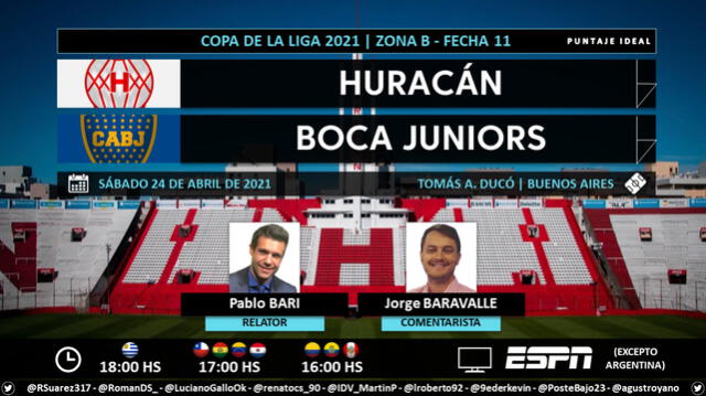 Boca Juniors vs. Huracán vía ESPN. Foto: Puntaje Ideal/Twitter