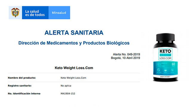 Alerta sanitaria por 'pastillas Keto' emitida en Colombia. Fuente: Invima