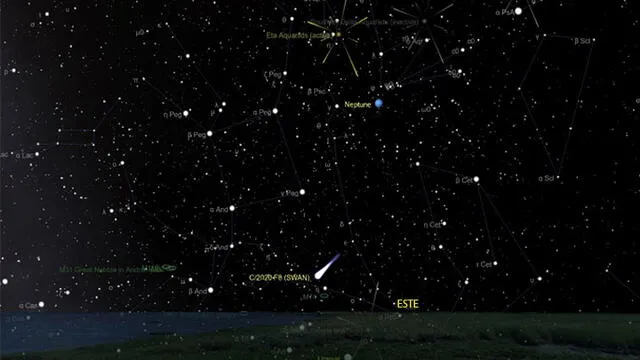 Pronóstico para Lima, el 12 de mayo a las 4.45 a. m. El cometa SWAN se ve cerca al horizonte este. Fuente: The Sky Live.