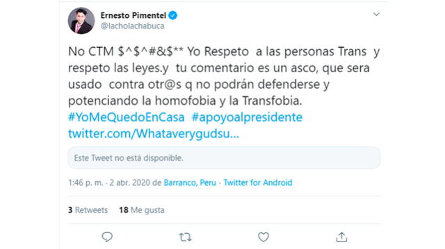 A través de Twitter, el actor Ernesto Pimentel hizo su descargo luego de un comentario ofensivo por parte de un usuario.