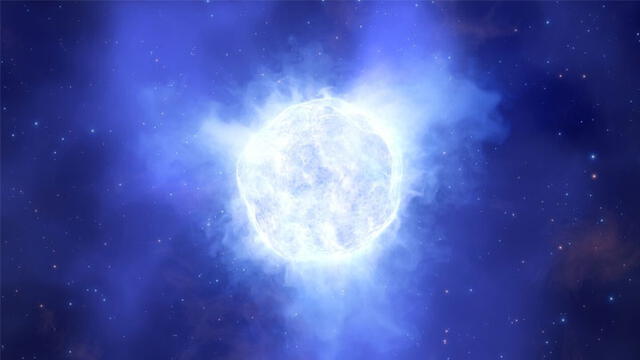 Ilustración muestra a la estrella variable luminosa azul de la galaxia Kinman antes de su desaparición. Fuente: ESO.