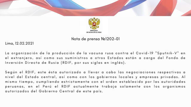 La Embajada de Rusia en Perú aclara que las negociaciones sobre la vacuna Sputnik V se llevan a cabo con el Ejecutivo.