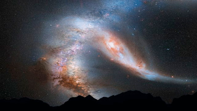 Ilustración del proceso de fusión de Andrómeda y la Vía Láctea. NASA.
