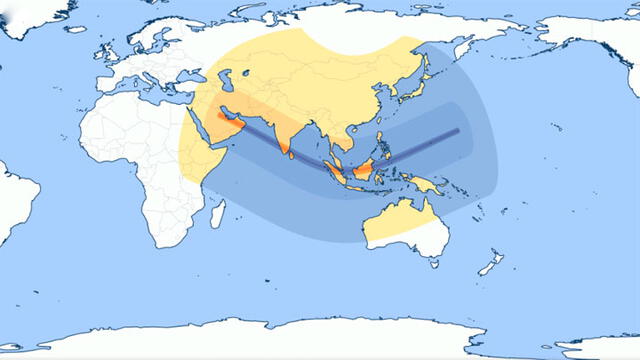 El eclipse será visible como parcial en el extremo oriental de África, Asia y en la mitad septentrional de Oceanía.