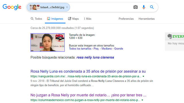 Al hacer una búsqueda por imágenes con el rostro de la mujer encontramos las noticias relacionadas a ella. Captura: Google.