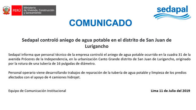 Sedapal comunicó que controló aniego en San Juan de Lurigancho. Créditos: Difusión.