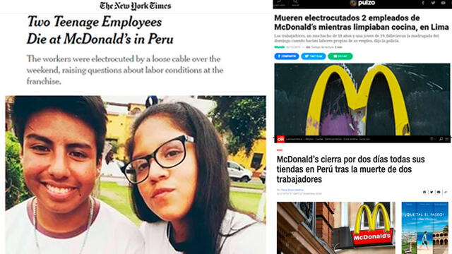 McDonalds: así informan medios internacionales la muerte de jóvenes trabajadores en local de Pueblo Libre. Foto: composición