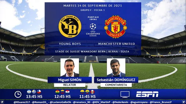 Young Boys vs Manchester United vía ESPN. Foto: Puntaje Ideal/Twitter