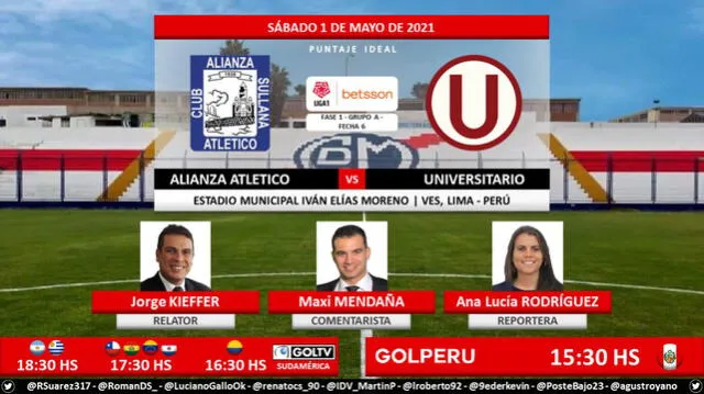 Alianza Atlético vs Universitario por Gol Perú. Foto: Puntaje Ideal PE/Twitter