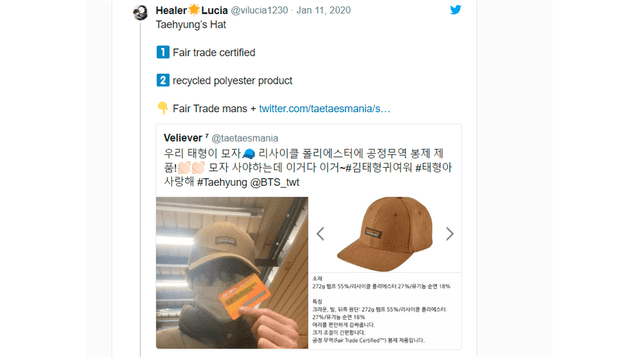 V BTS usa gorra de poliéster reciclado