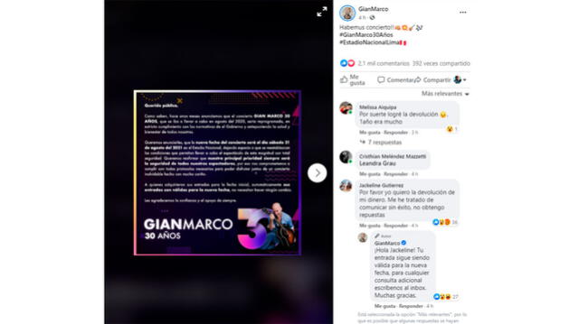 Gian Marco comunica a sus fans que su concierto se llevará a cabo en el 2021. Foto: captura Facebook