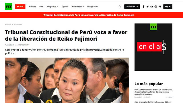 RT informa sobre libertad de Keiko Fujimori. Foto: Captura
