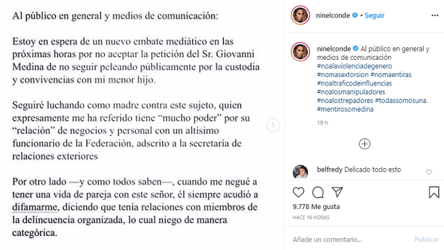 El comunicado de Ninel Conde en Instagram.