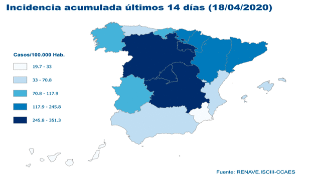 Incidencia acumulada de casos de coronavirus en España en los últimos 14 días hasta el 18 de abril de 2020. (Foto: Ministerio de Sanidad de España).