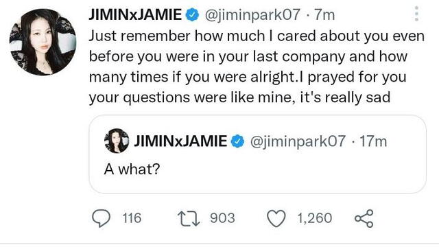 Jamie (cantautora Jimin Park) responde a palabras de Jae Park. Foto: Twitter