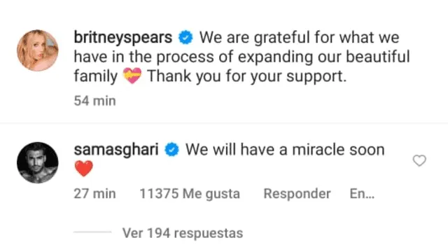 14.5.2022 | Comentarios de Britney Spears y Sam Asghari tras anunciar la pérdida de su bebé. Foto: captura Instagram