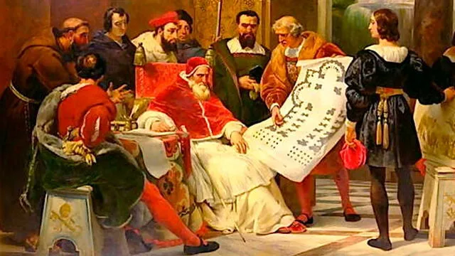 El Papa Julio II le ordena a Miguel Ángel a Bramante y a Rafael que construyan la Basílica de San Pedro.  Pintura de Horace Vernet de 1827. Foto: Archivos.