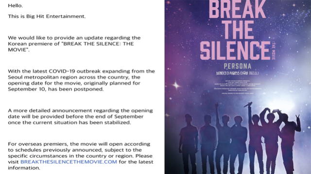 BTS: cancelan fecha de estreno de ‘Break the silence: The movie’