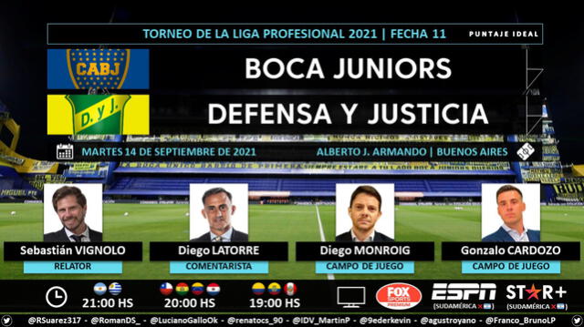 Boca Juniors vs Defensa y Justicia por ESPN y Fox Sports Premium. Foto: Puntaje Ideal/Twitter