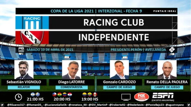 Racing vs Independiente por Fox Sports Premium. Foto: Puntaje Ideal/Twitter