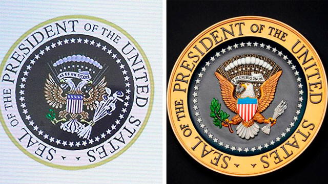 Sello presidencial alterado (izquierda) y el sello oficial (derecha). Foto: AFP.