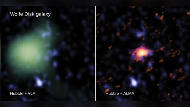 Vistas de la galaxia Disco Wolfe con diferentes instrumentos. Crédito: NRAO / AUI / NSF / NASA / ESA.