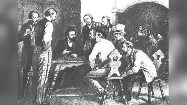 Marx y Engels en una reunión socialista en París (1844). Imagen: Difusión.