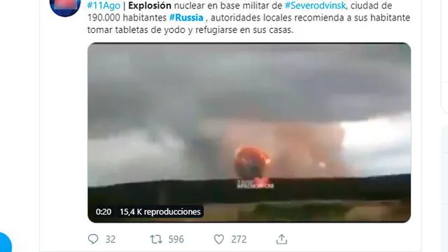 Video compartido en Twitter que no corresponde a la explosión en Severodvinsk, Arkhangelsk.