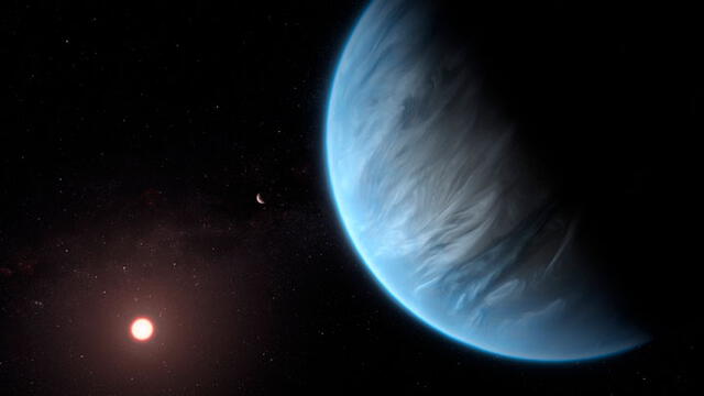 Representación del planeta K2-18b, que alberga vapor de agua en su atmósfera. Imagen: ESA/Hubble.