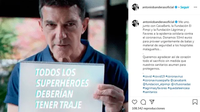 El actor malagueño agradece el trabajo que vienen realizando los sanitarios de España. Instagram: @antoniobanderasoficial